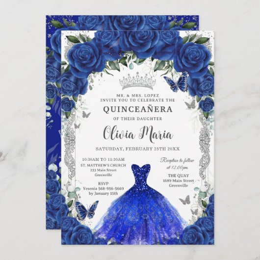 Royal Blue Rose Blumenkleid Quinceañera Silver Einladung (Vorne/Hinten)