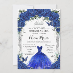 Royal Blue Rose Blumenkleid Quinceañera Silver Einladung