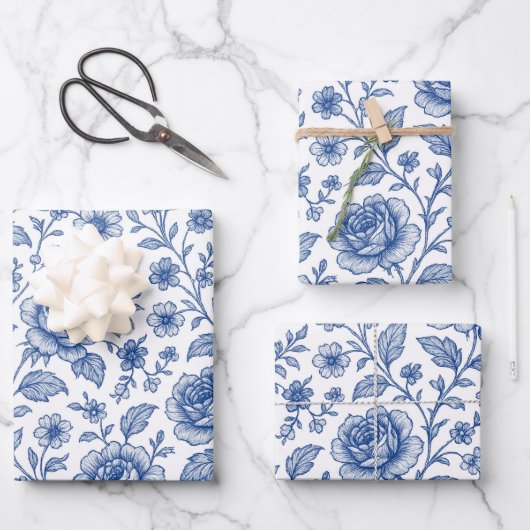 Royal Blue Rose Blumenmuster Geschenkpapier Set (Vorderseite)