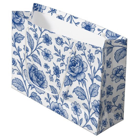 Royal Blue Rose Blumenmuster Große Geschenktüte (Vorderseite Schrägansicht)