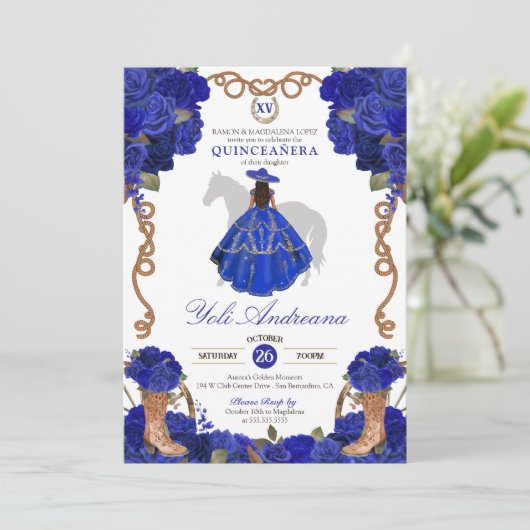 Royal Blue Rose Boots Charro Vestidos Quinceañera Einladung (Stehend Vorderseite)