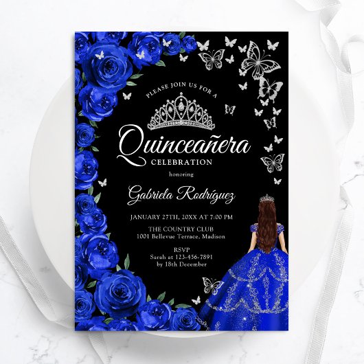 Royal Blue Rose Butterfets Quinceanera Einladung
