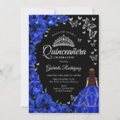 Royal Blue Rose Butterfets Quinceanera Einladung (Vorderseite)