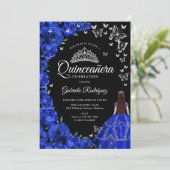 Royal Blue Rose Butterfets Quinceanera Einladung (Stehend Vorderseite)