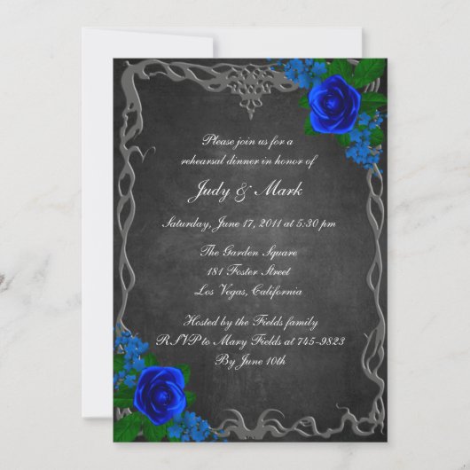 Royal Blue Rose Chalk Board Probe Abendessen Einladung (Vorderseite)