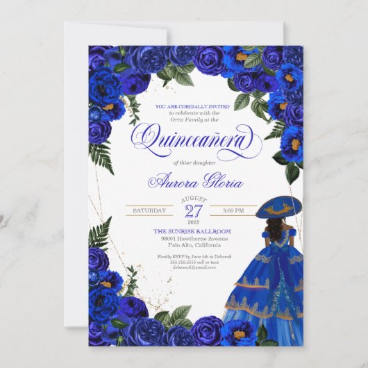 Royal Blue Rose Charro Dress Floral Quinceanera Einladung (Vorderseite)