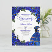 Royal Blue Rose Charro Dress Floral Quinceanera Einladung (Stehend Vorderseite)