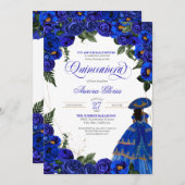 Royal Blue Rose Charro Dress Floral Quinceanera Einladung (Vorne/Hinten)