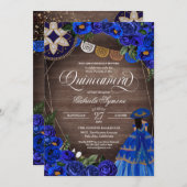 Royal Blue Rose Charro/Mariachi Rustic Quinceanera Einladung (Vorne/Hinten)