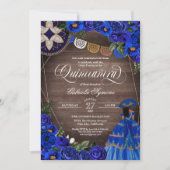 Royal Blue Rose Charro/Mariachi Rustic Quinceanera Einladung (Vorderseite)