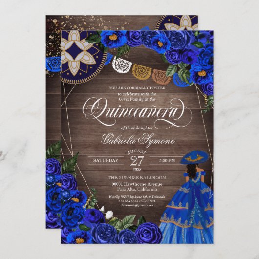 Royal Blue Rose Charro/Mariachi Rustic Quinceanera Einladung (Vorne/Hinten)