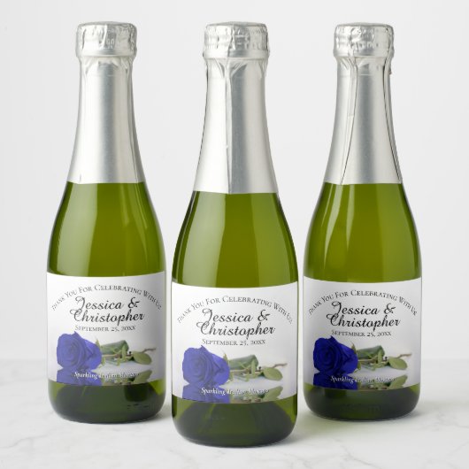 Royal Blue Rose Classy Wedding Danke Mini Schaumweinetikett (Flaschen)