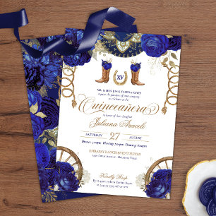 Royal Blue Rose Country Western Charro Quinceanera Einladung