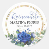 Royal Blue Rose Elegante Kalligraphie Quinceanera Runder Aufkleber (Vorderseite)