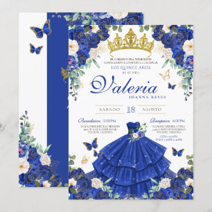 Royal Blue Rose Elegante Princess Quinceanera Einladung