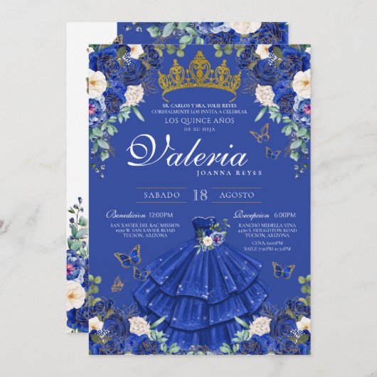 Royal Blue Rose Elegante Prinzessin Quinceanera Einladung (Vorne/Hinten)