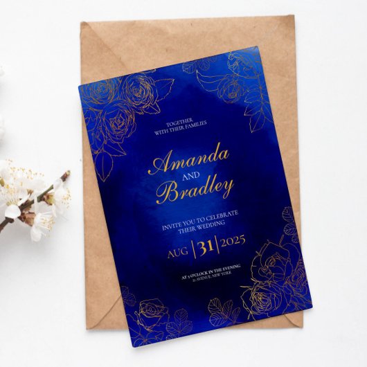 Royal Blue Rose Extravagant Gold Lace QR Code Wedd Einladung