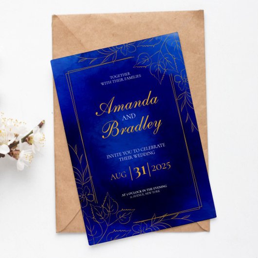 Royal Blue Rose Extravagant Gold Lace QR Code Wedd Einladung