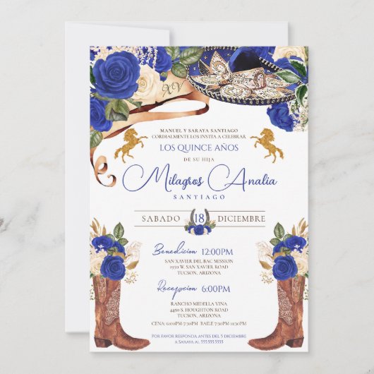 Royal Blue Rose Extravaganter Western Charro Quinc Einladung (Vorderseite)