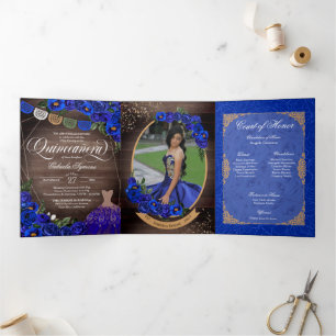 Royal Blue Rose Gold Charro Foto Quinceañera Dreifach Gefaltete Einladung