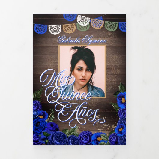 Royal Blue Rose Gold Charro Foto Quinceañera Dreifach Gefaltete Einladung (Cover)