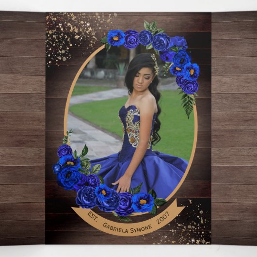 Royal Blue Rose Gold Charro Foto Quinceañera Dreifach Gefaltete Einladung (Innenseite Mitte)