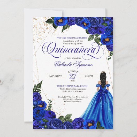 Royal Blue Rose & Gold Elegantes Foto Quinceñera Einladung (Vorderseite)