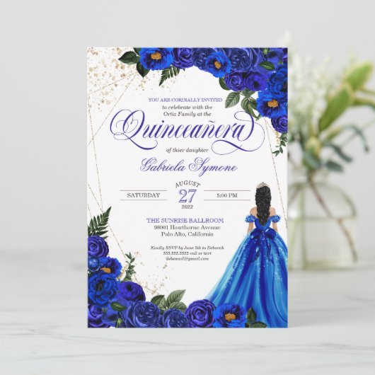 Royal Blue Rose & Gold Elegantes Foto Quinceñera Einladung (Stehend Vorderseite)