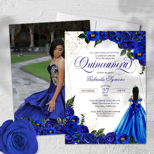 Royal Blue Rose & Gold Elegantes Foto Quinceñera Einladung