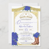 Royal Blue Rose Gold Floral Charro Quinceanera Einladung (Vorderseite)
