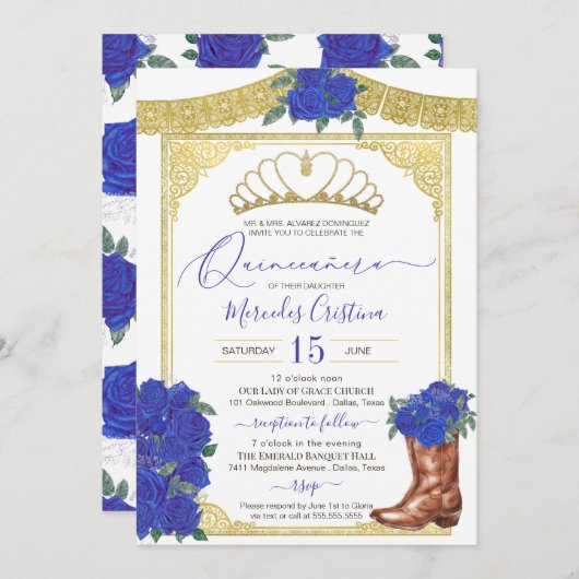 Royal Blue Rose Gold Floral Charro Quinceanera Einladung (Vorne/Hinten)