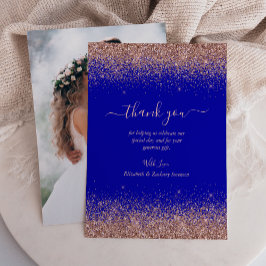 Royal Blue Rose Gold Glitzer Foto Wedding Dankeskarte