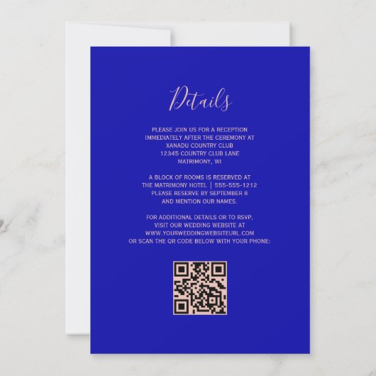Royal Blue Rose Gold Glitzer QR Code Wedding Einladung (Rückseite)