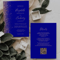 Royal Blue Rose Gold Glitzer QR Code Wedding