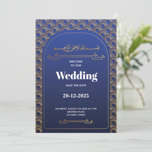 Royal Blue Rose Gold Lace QR Code Muslime Hochzeit Einladung (Stehend Vorderseite)
