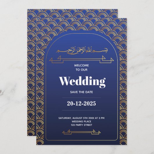 Royal Blue Rose Gold Lace QR Code Muslime Hochzeit Einladung (Vorne/Hinten)