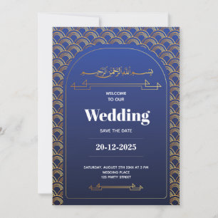 Royal Blue Rose Gold Lace QR Code Muslime Hochzeit Einladung