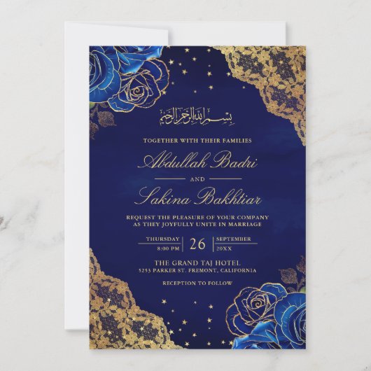 Royal Blue Rose Gold Lace QR Code Muslime Hochzeit Einladung (Vorderseite)