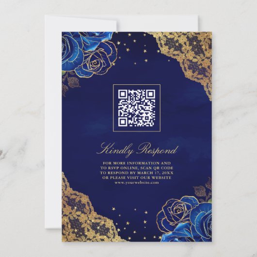 Royal Blue Rose Gold Lace QR Code Muslime Hochzeit Einladung (Rückseite)