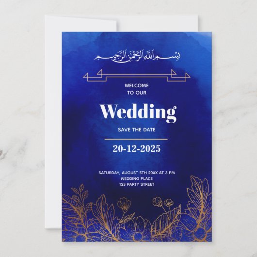 Royal Blue Rose Gold Lace QR Code Muslime Hochzeit Einladung (Vorderseite)