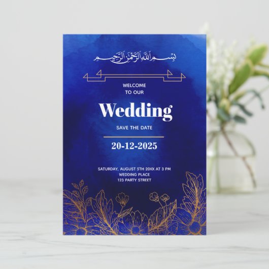 Royal Blue Rose Gold Lace QR Code Muslime Hochzeit Einladung (Stehend Vorderseite)