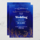 Royal Blue Rose Gold Lace QR Code Muslime Hochzeit Einladung (Vorne/Hinten)