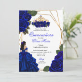 Royal Blue Rose Gold Quinceañera Einladung (Stehend Vorderseite)