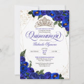 Royal Blue Rose & Gold Tiara Elegantes Quinceñera Einladung (Vorderseite)