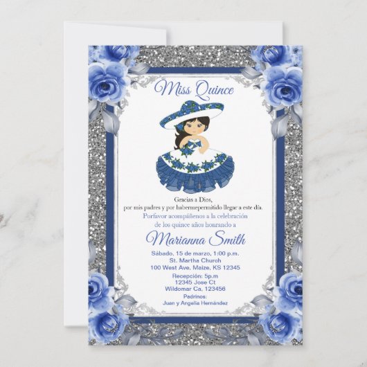 Royal Blue Rose Quinceñera Einladung (Vorderseite)