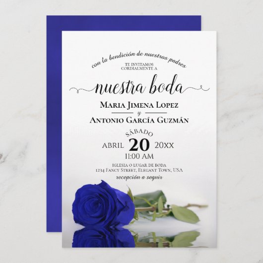 Royal Blue Rose Spanish Nuestra Boda Wedding Einladung (Vorne/Hinten)
