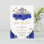 Royal Blue Rose Tiara Save the Date Quinceañera Einladung (Stehend Vorderseite)