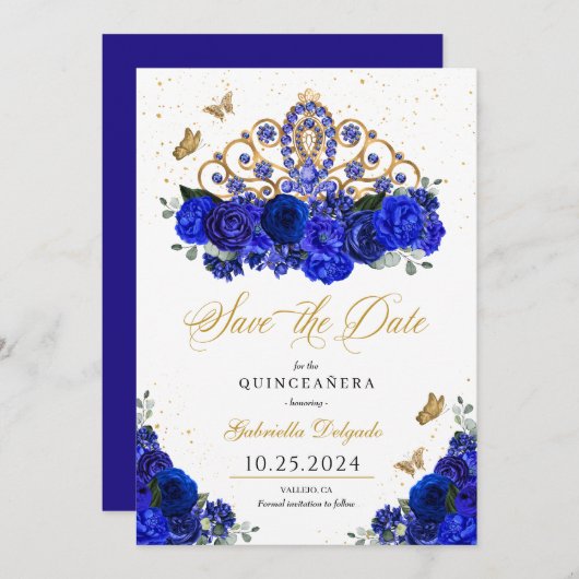 Royal Blue Rose Tiara Save the Date Quinceañera Einladung (Vorne/Hinten)