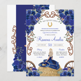 Royal Blue Rose Western Charra Quinceañera Einladung