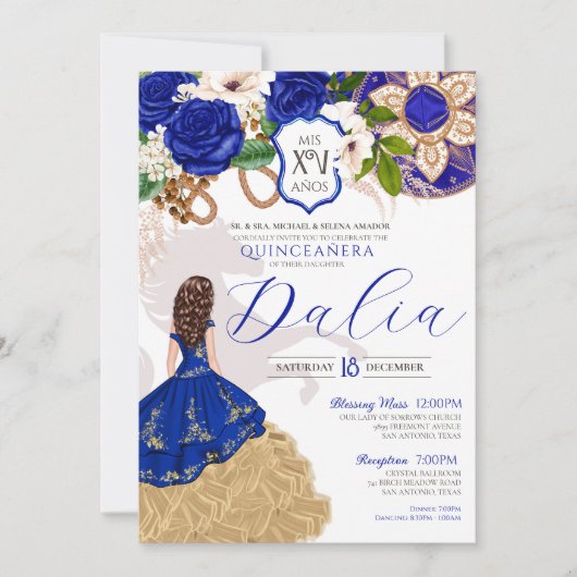 Royal Blue Rose Western Charro Quinceañera Invitat Einladung (Vorderseite)